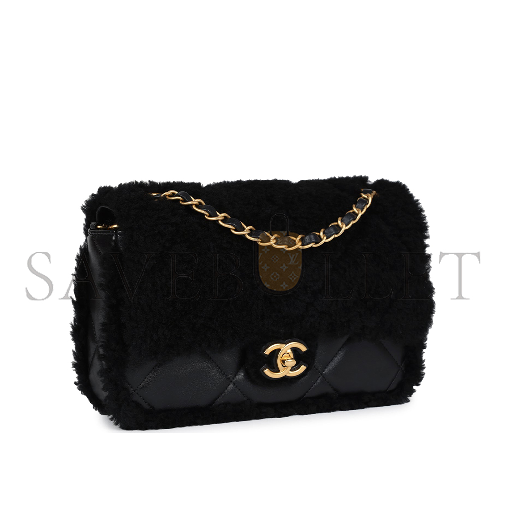 Ch*el medium shearling flap bag black lambskin brushed gold hardware  (23.5*16*7.5cm)